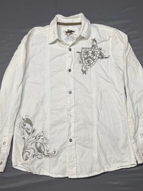 White Embroidered Casual Button-Down Shirt - Men's